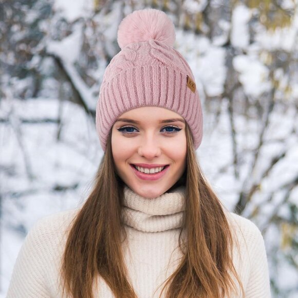 Womens Fleece Lined Knit Winter Hat with Pom Pom Warm Thick Beanie Tuque - Picture 6 of 6